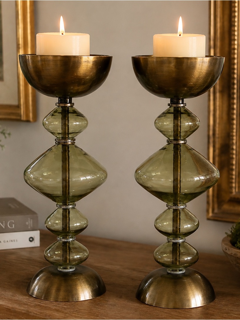 NEW Bloomingville Brass Glass Sage Green Candle Holders Pair Modern Decor